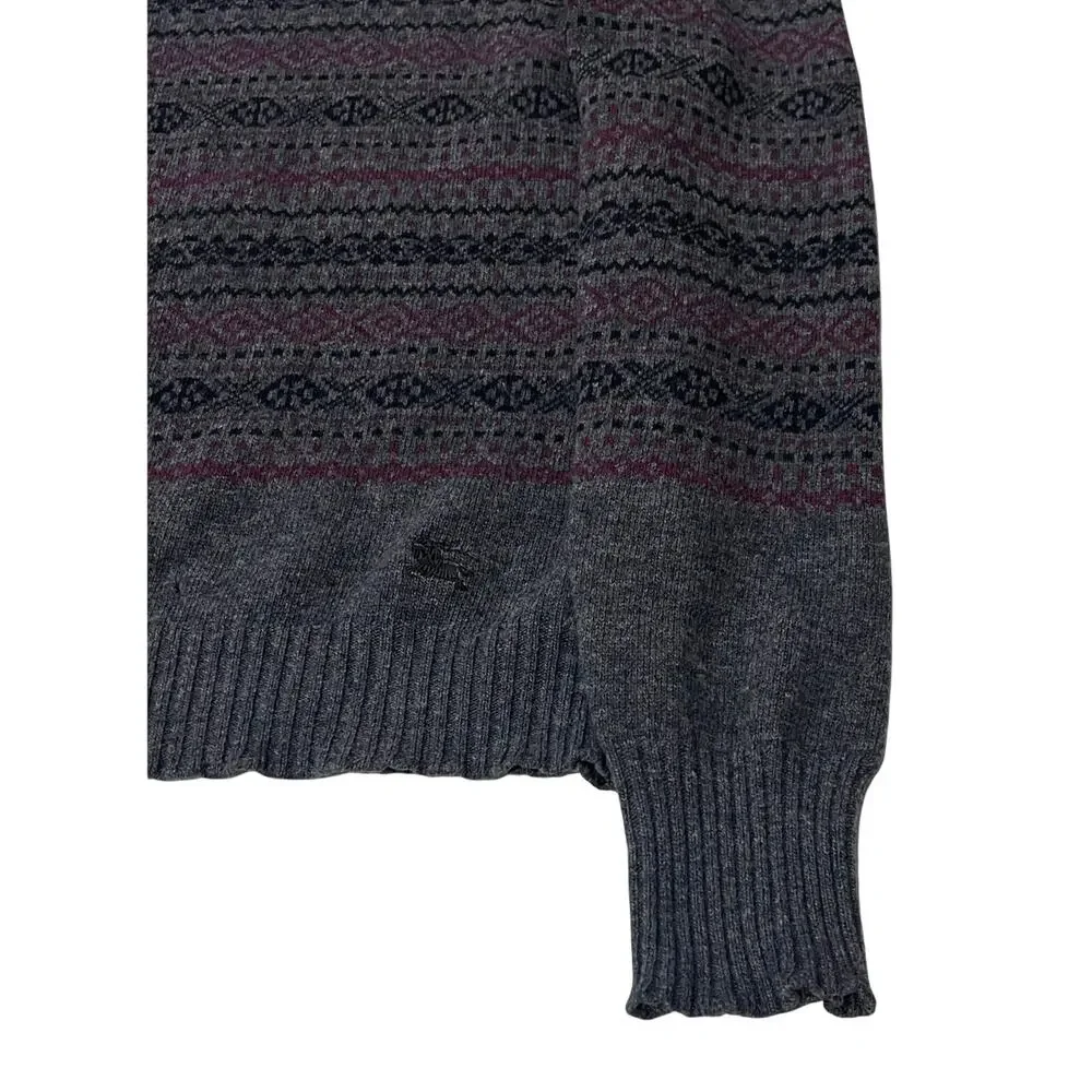BURBERRY LONDON Fair Isle Knit Crewneck Sweater Charcoal Grey Burgundy L